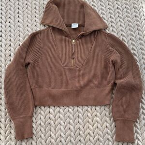 Varley Brown Ribbed Cropped Zip Sweater
